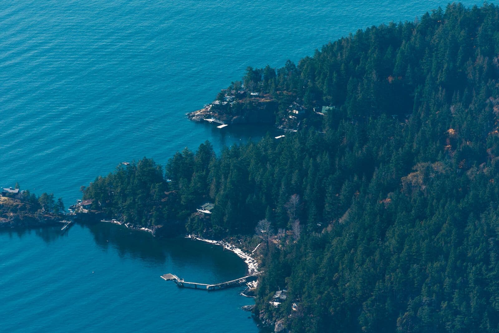 An elevated view of a forested headland reaching out into deep blue water, with a small jetty and a scatter of houses along the rocky shore.