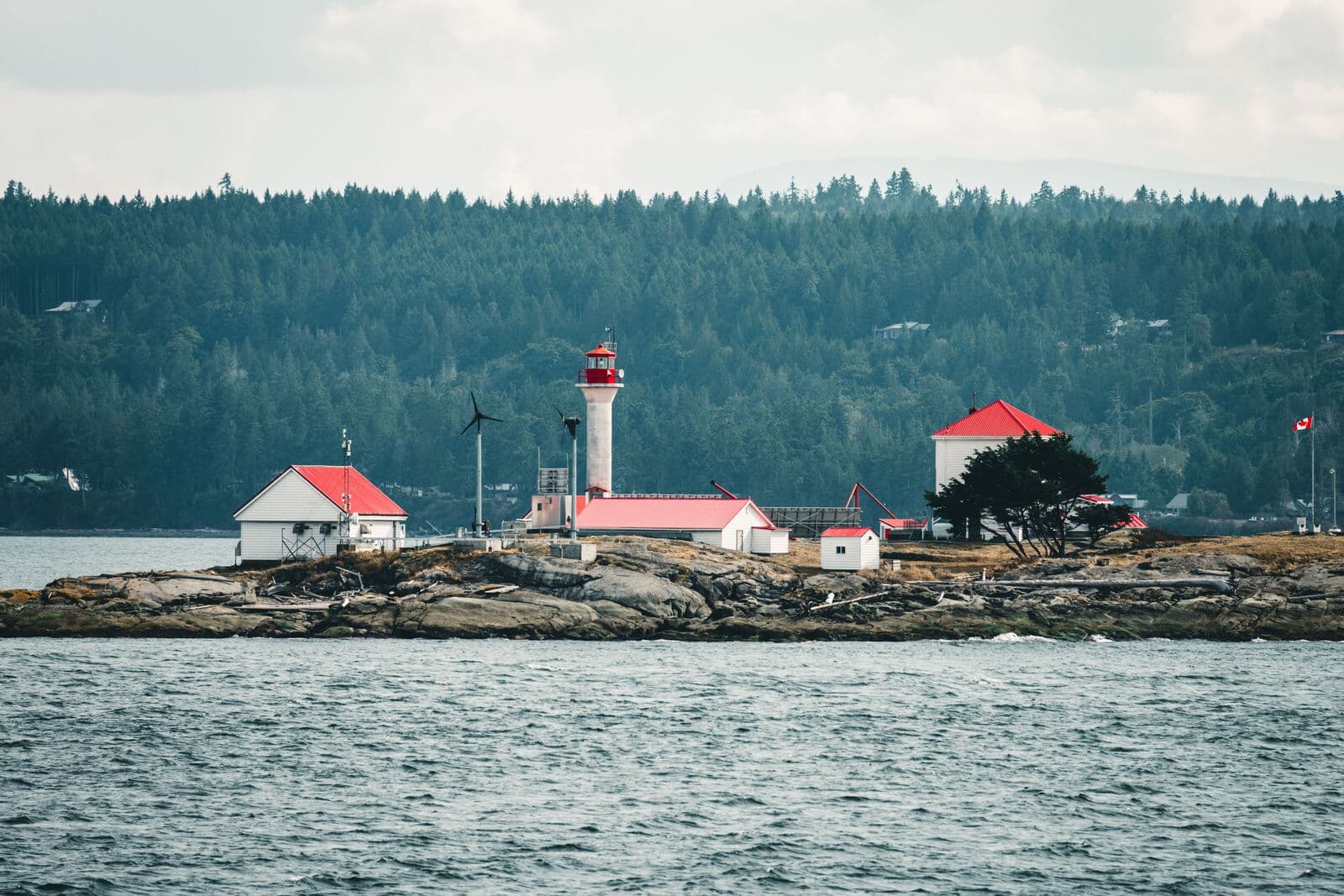 A red and white lighthouse station on a low rocky islet, with two outbuildings and a dense conifer forest across the grey water behind.